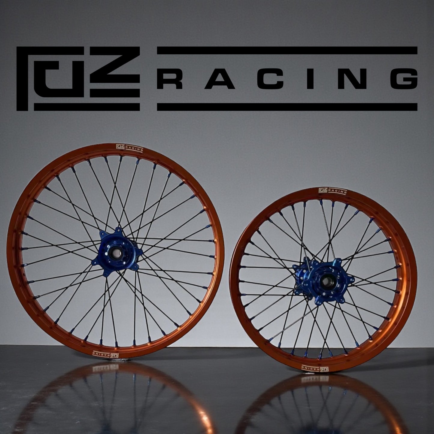 Surron Ultra 21 / 18” Orange Rims - Blue Hub - Blue Nipples By Fuze Racing
